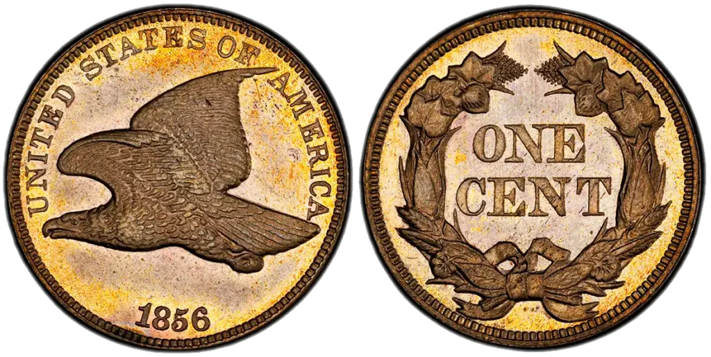 A picture of a well-preserved 1856 copper-nickel penny showing an eagle mid-flight, wings spread across the obverse.
