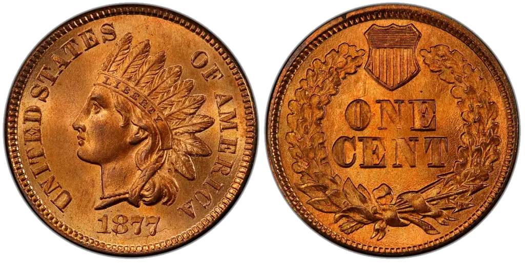 A picture of a copper coin featuring Liberty in a feathered headdress, dated 1877 below the portrait.