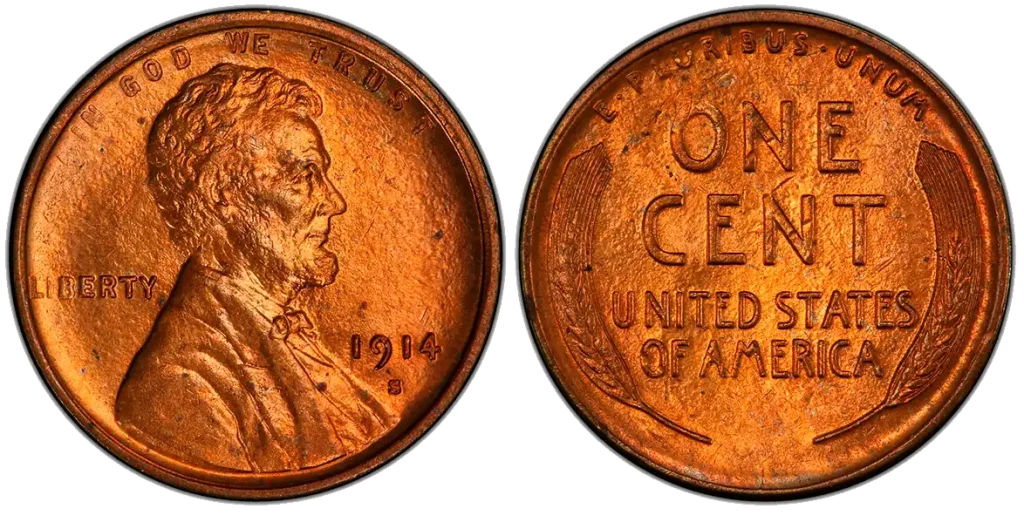 A picture of a well-struck Lincoln cent with a bold “D” mintmark beneath the date 1914 and rich reddish coloration.
