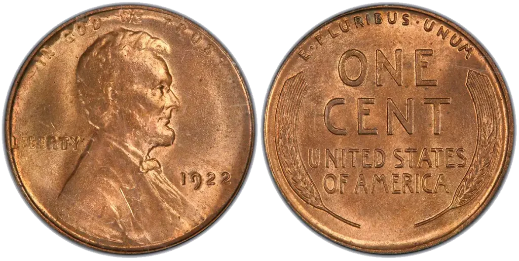 A picture of a cleanly struck 1922 Lincoln cent with a missing mintmark and bold wheat stalks on the reverse.