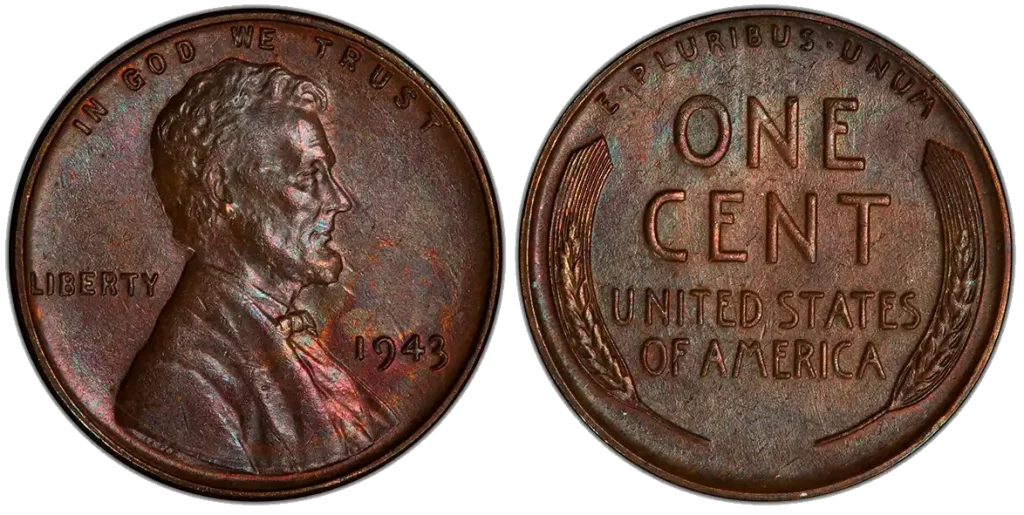 A picture of a brown-toned 1943 Lincoln cent with a smooth matte surface, hinting at its bronze composition.