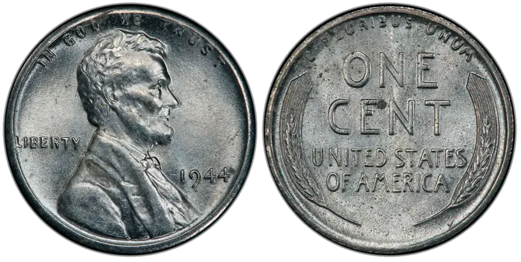 A picture of a silver-gray 1944 Lincoln cent with a bright surface that contrasts with the usual bronze tone of the year.