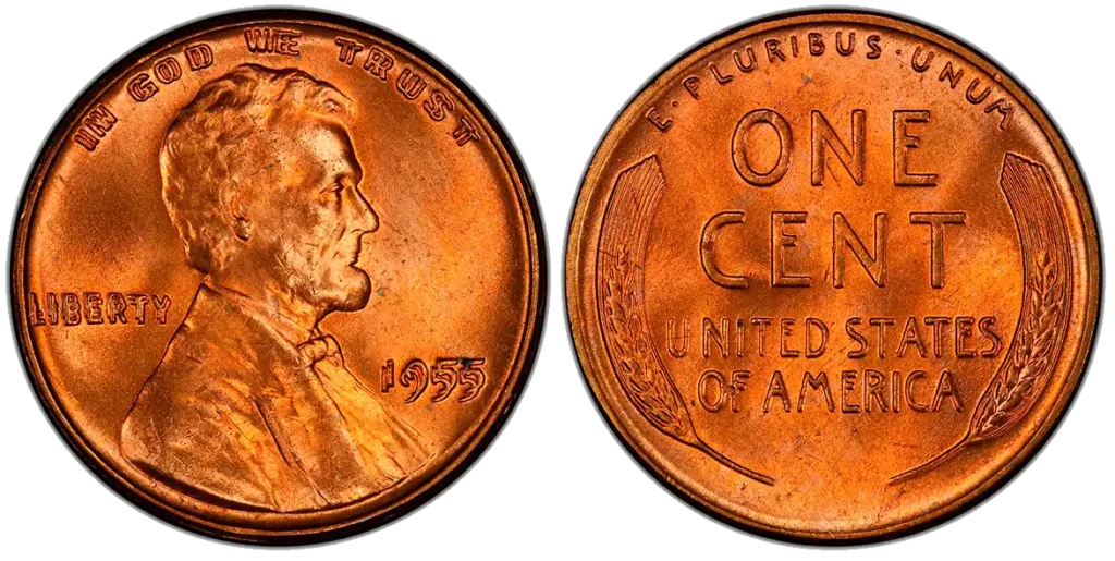 A picture of a Lincoln cent showing sharply doubled text and date "1955" on the obverse, giving it a “shadowed” appearance.