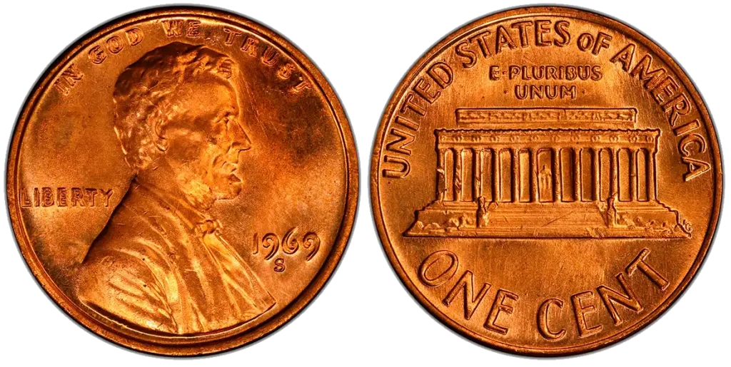 A picture of a 1969 Lincoln cent with sharply doubled inscriptions and a clearly punched mintmark, indicating a true die error.