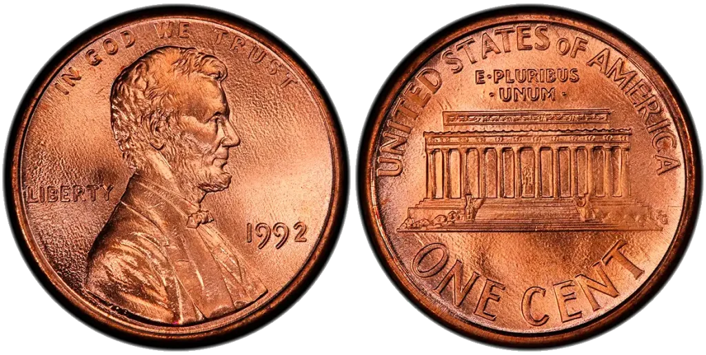 A picture of the 1992 Lincoln Memorial reverse showing the tightly spaced "A" and "M" in AMERICA, indicating the rare Close AM variety.